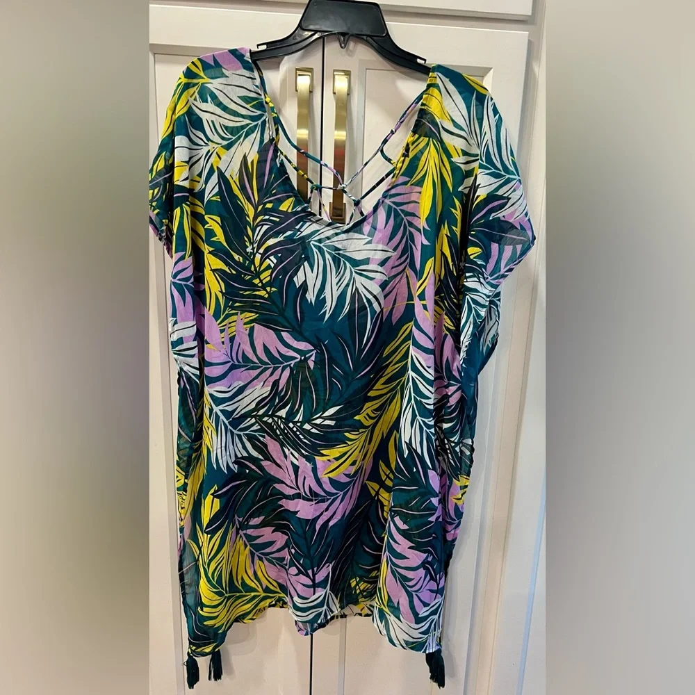 Women’s M/L. Swim Cover-Up — Tropical Leaves Print, Teal Multicolor, shear.  B6